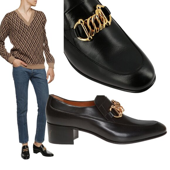 GUCCI SHOES MENS BLACK LEATHER HORSEBIT CHAIN LOAFERS ICE LOLLY sz 6 US 6.5 - Picture 1 of 16